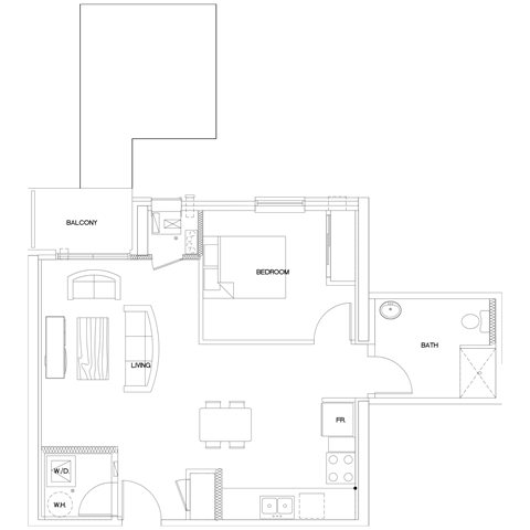 A floor plan of a house with a balcony, bedroom, bath, living room, and fireplace.